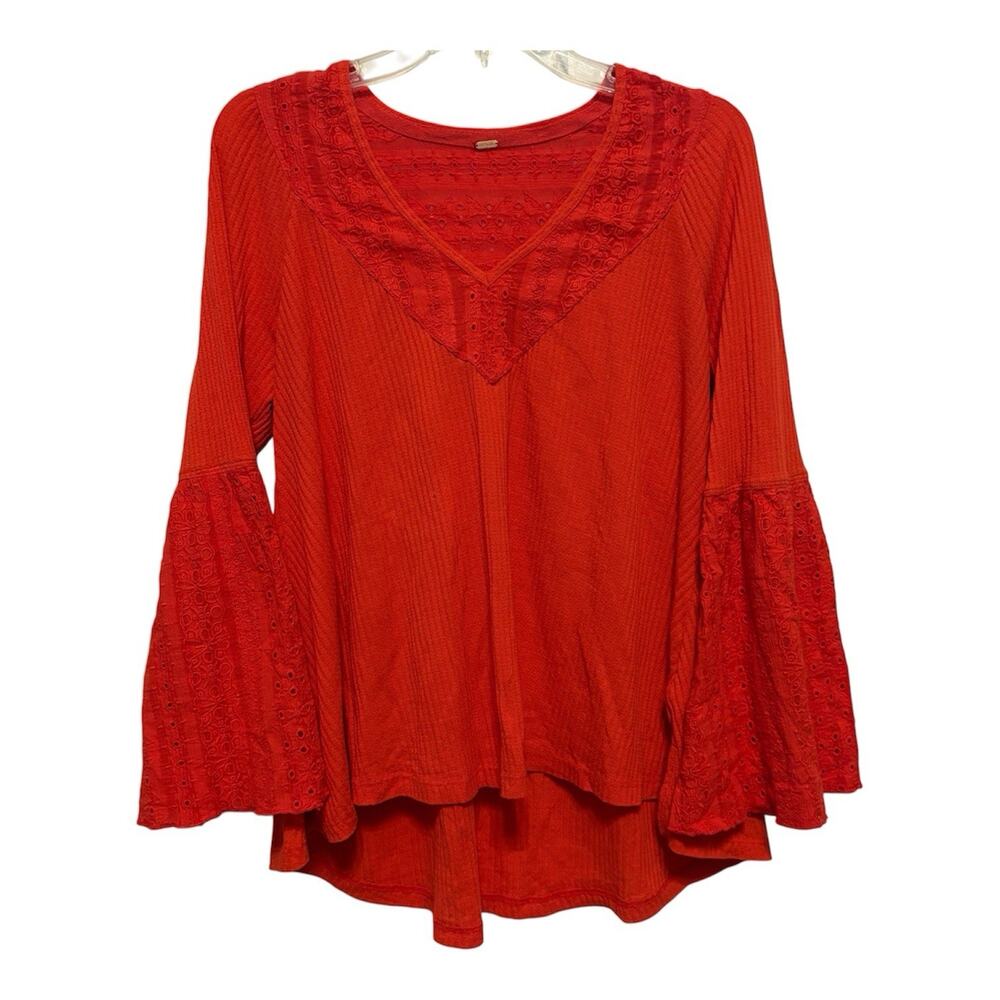 Free People Parisian Nights Top Womens Small Red Boho Bell Sleeve Eyelet Lace